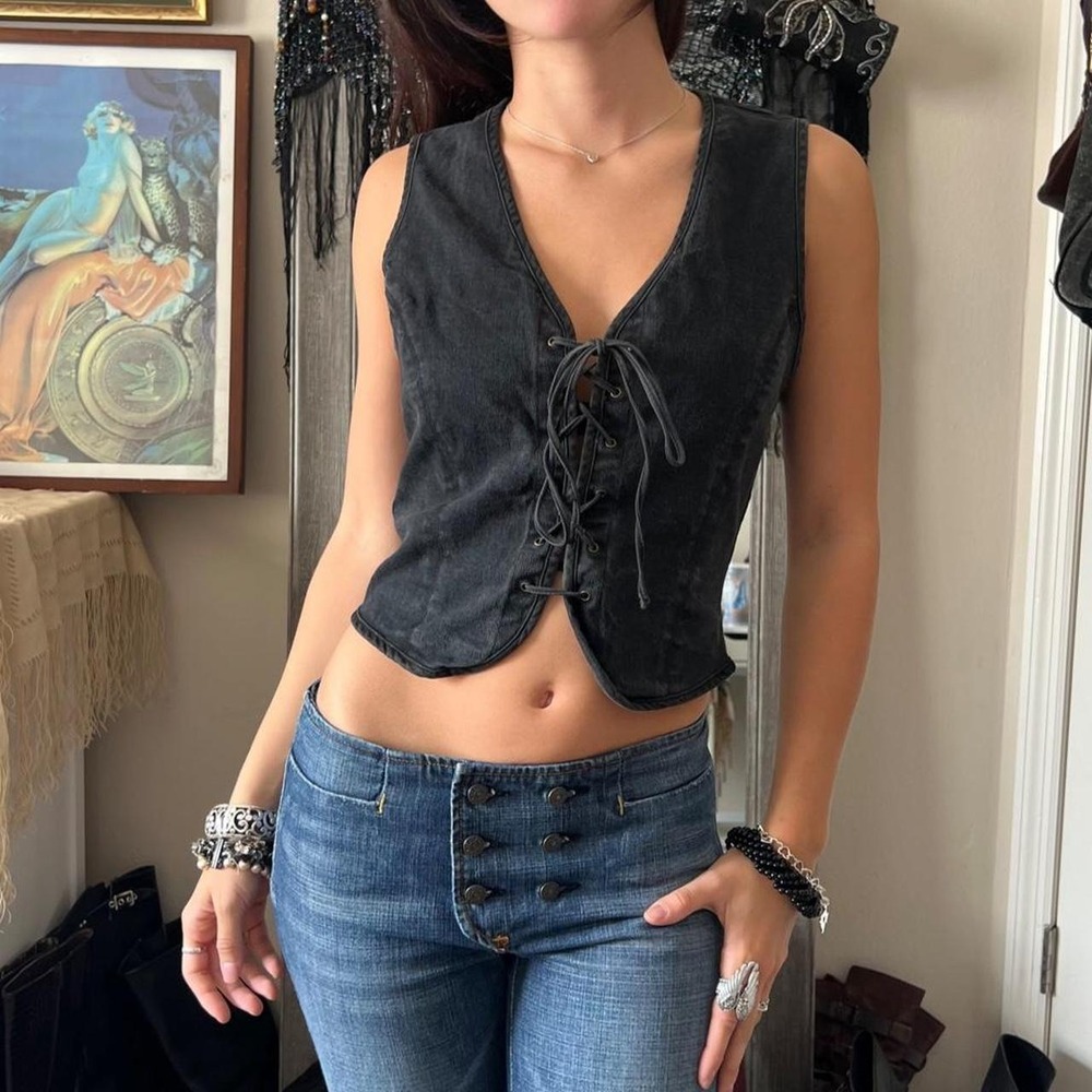 DKNY Jeans Vintage 2000s Black Lace Up Corset Style Vest Goth Grunge Y2K Size 10